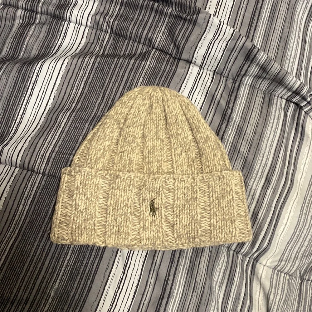 Polo, Ralph Lauren embroidered wool beanie tan cream embroidered olive green